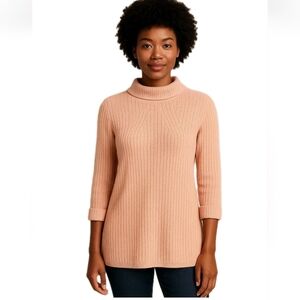 Lands’ End Women’s Knit Mock Neck Sweater Peach Small 3/4 Sleeve Cotton Blend